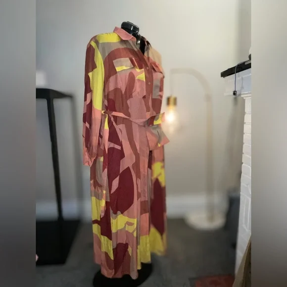 The Drop x Takkunda Abstract Print Maxi Shirt Dress NWT Belted TENCEL Resort 70s - Picture 5 of 10
